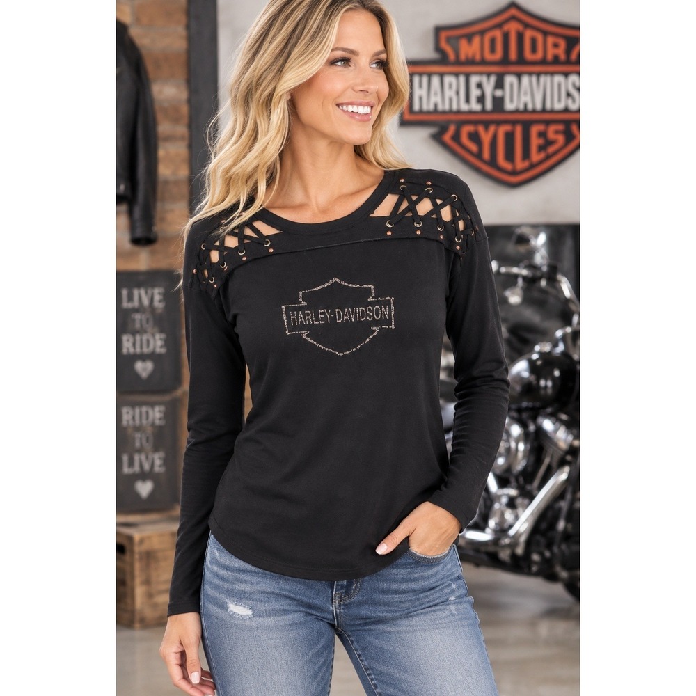 Harley-Davidson Womens Black Lace Up Shoulder Long Sleeve Logo Top Small